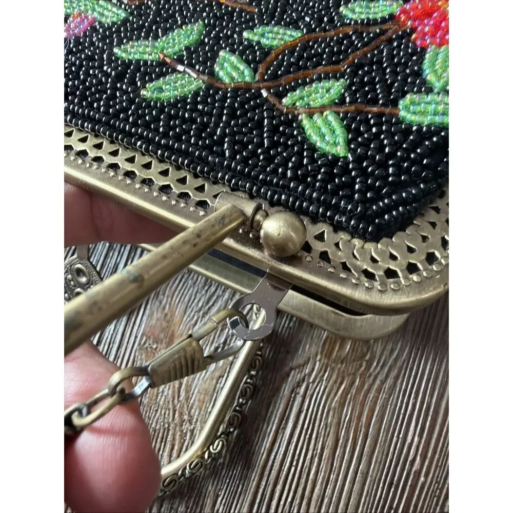 Vintage Hand Beaded Purse Black Colorful Roses Bag 1950 1960 flapper party - Picture 12 of 16